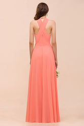 Glamorous V-Neck Coral Chiffon Bridesmaid Dress Affordable with Ruffle-27dress